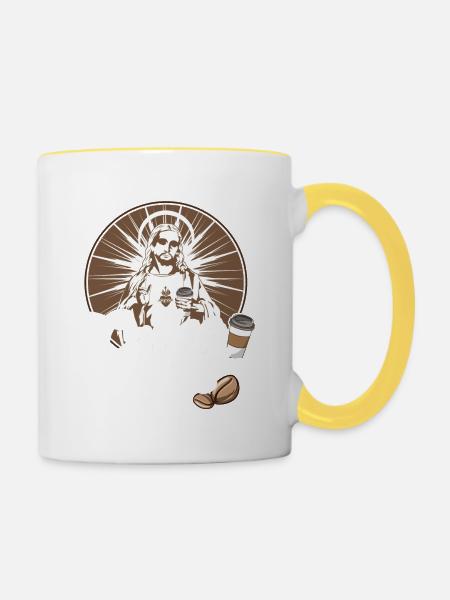 Ich brauche nur Kaffee und ganz viel Jesus - Tasse zweifarbig - Weiß/Gelb