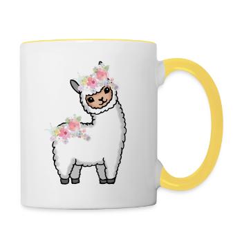 Lama Alpaka Blumen Geschenk Damen Herren Kinder - Tasse zweifarbig - Weiß/Gelb - Rechts
