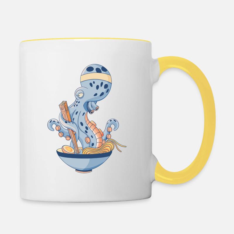 Octopus eating ramen - Contrasting Mug - white/yellow