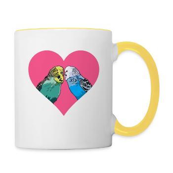 Conception d'amour avec des perruches colorées - Mug contrasté - blanc/jaune - Droite