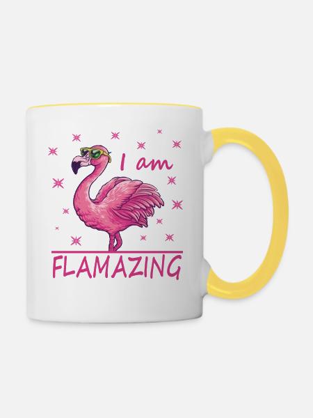 Lustiger Flamingo ich bin Flamazing - Tasse zweifarbig - Weiß/Gelb