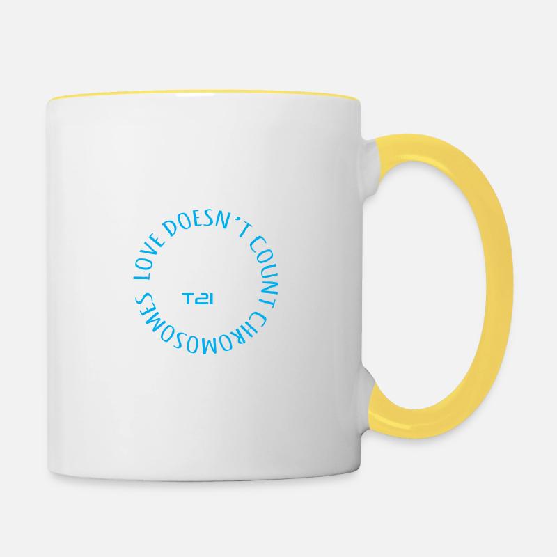 T21 - Love Doesn't Count Chromosomes - Contrasting Mug - white/yellow