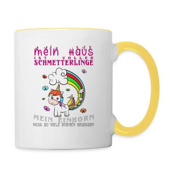 Einhorn Pups als Schmetterlinge und Regenbogen - Tasse zweifarbig - Weiß/Gelb - Rechts