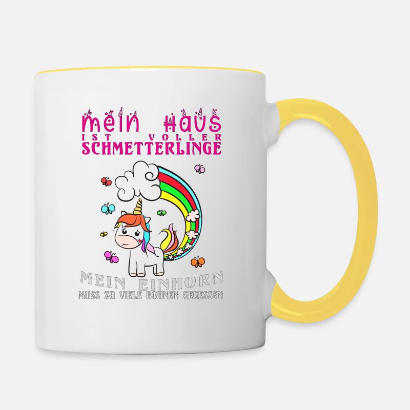 Einhorn Pups als Schmetterlinge und Regenbogen - Tasse zweifarbig - Weiß/Gelb