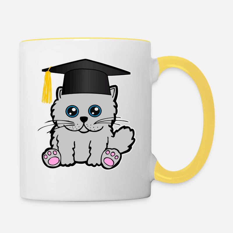 Bachelor Master Studium Abschluss Katze Mieze - Tasse zweifarbig - Weiß/Gelb
