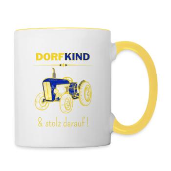 Dorfkind und stolz darauf-Fun Geschenk T-Shirt - Tasse zweifarbig - Weiß/Gelb - Rechts