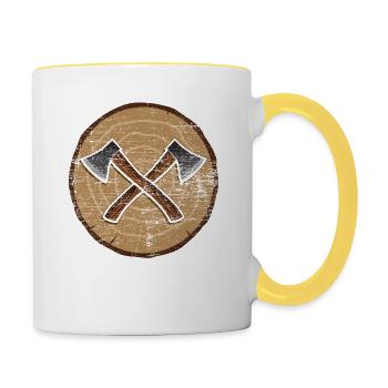 Hache bois tronc d’arbre - Mug contrasté - blanc/jaune - Droite