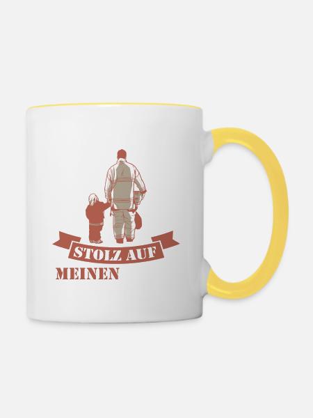 Ich bin so stolz auf meinen Feuerwehr Papa - Tasse zweifarbig - Weiß/Gelb