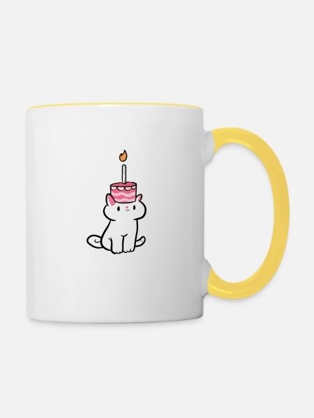 Cat-Kuchen Katzen-Inhaber Geschenk - Tasse zweifarbig - Weiß/Gelb