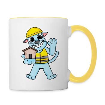Bauherr Katze Richtfest Haus bauen Geschenk - Tasse zweifarbig - Weiß/Gelb - Rechts