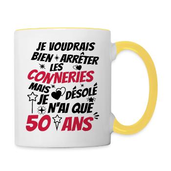 anniversaire 50 ans - bien arrêter les conneries - Mug contrasté - blanc/jaune - Droite