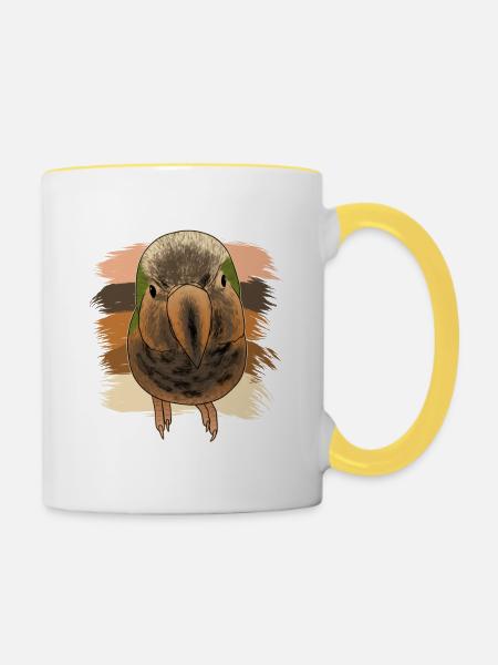 Neugieriger Retro Mönchssittich - Tasse zweifarbig - Weiß/Gelb
