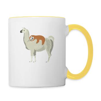 Paresseux mignon et drôle dormant sur un lama - Mug contrasté - blanc/jaune - Droite