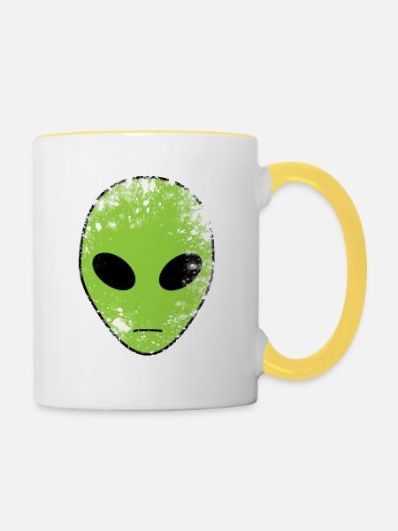 Grüner Alienkopf - Tasse zweifarbig - Weiß/Gelb