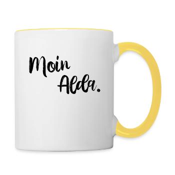 Moin Alda. Geschenk für Ostfriesen. - Tasse zweifarbig - Weiß/Gelb - Rechts