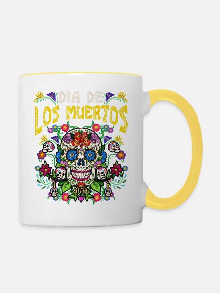Dia De Los Muertos Schädel Blumigen Tag der Toten - Tasse zweifarbig - Weiß/Gelb