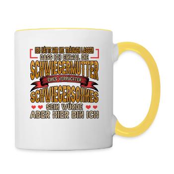 Schwiegermutter Schwiegersohn Lustig Geschenk - Tasse zweifarbig - Weiß/Gelb - Rechts