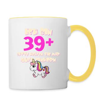 ich bin 39+ bitte helfen sie mir aufs Einhorn - Tasse zweifarbig - Weiß/Gelb - Rechts
