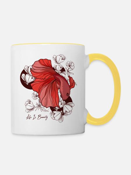 Kampffisch Mit Blumen - Tasse zweifarbig - Weiß/Gelb