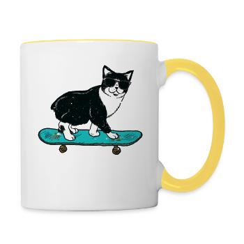 Funny Cat Skateboarding - Contrasting Mug - white/yellow - Right