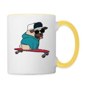 Funny Pug Skateboarding - Tasse zweifarbig - Weiß/Gelb - Rechts