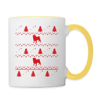 Xmas Mops Ugle Weihnachten Pugdog shirtdog artdoggie - Tasse zweifarbig - Weiß/Gelb - Rechts