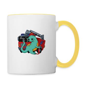 Fire truck with Dino blue light - Contrasting Mug - white/yellow - Right