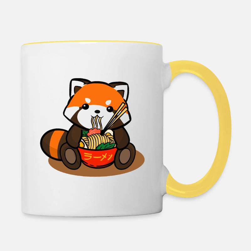 Panda rouge mangeant des nouilles de Ramen - Mug contrasté - blanc/jaune