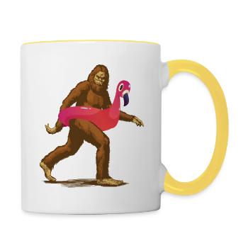Bigfoot mit einem flammenden Schwimmen Ring - Tasse zweifarbig - Weiß/Gelb - Rechts