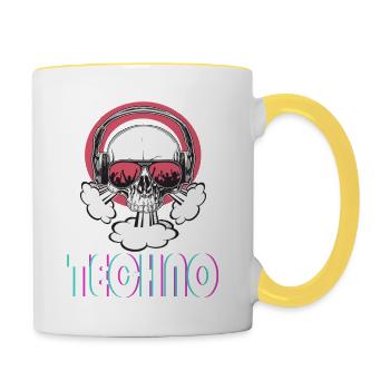 Techno music Totenkopf mit Sonnenbrille - Tasse zweifarbig - Weiß/Gelb - Rechts