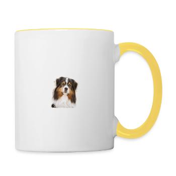 Aussie - Aussie Hund - Australian Shepherd - Tasse zweifarbig - Weiß/Gelb - Rechts