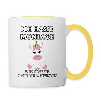Einhorn Unicorn Ich hasse Montag I hate Mondays - Tasse zweifarbig - Weiß/Gelb - Rechts
