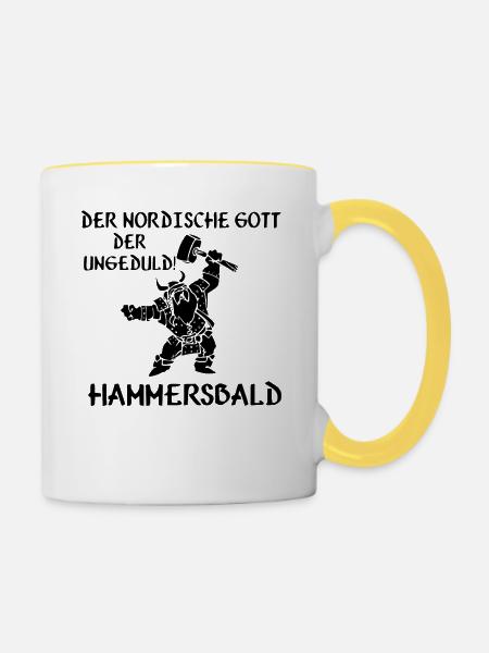 Der Nordische Gott der ungedult | HAMMERSBALD - Tasse zweifarbig - Weiß/Gelb