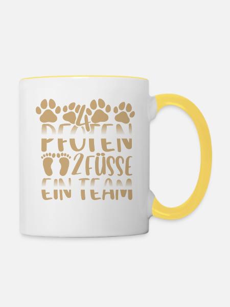 4 Pfoten 2 Füße ein Team - Tasse zweifarbig - Weiß/Gelb