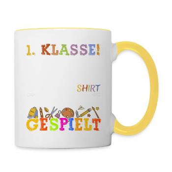 1 KLasse 2022 genung im Kindergarten Gespielt. - Tasse zweifarbig - Weiß/Gelb - Rechts