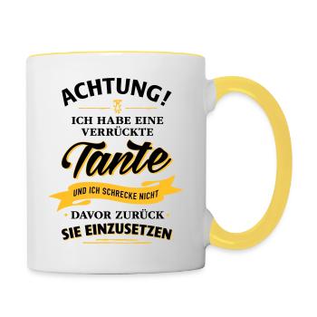 Achtung! verrückte Tante Verwandte Familie Kinder - Tasse zweifarbig - Weiß/Gelb - Rechts