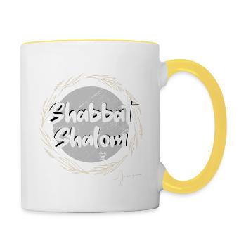 Shabbat Shalom - Tasse zweifarbig - Weiß/Gelb - Rechts