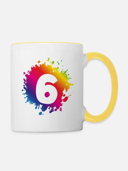 6 Zahl Klecks - Tasse zweifarbig - Weiß/Gelb