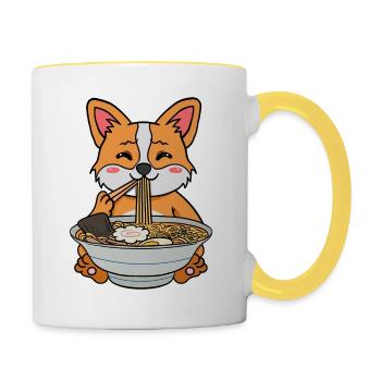 Le chien Corgi mange de la soupe de nouilles ramen - Mug contrasté - blanc/jaune - Droite