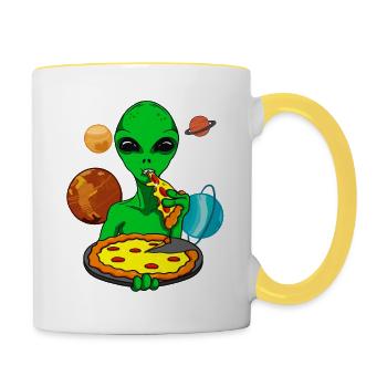 Alien Alien OVNI mangeant de la pizza - Mug contrasté - blanc/jaune - Droite