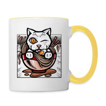 Anime Ramen Cat Noodles Cute Japanese Animation - Contrasting Mug - white/yellow - Right