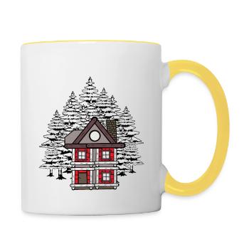 Maison Forestière Cabane Hiver Sapins Romantique - Mug contrasté - blanc/jaune - Droite