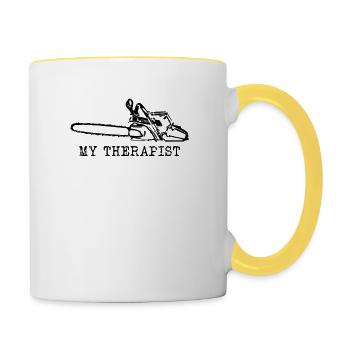 Tronçonneuse Thérapeute Bûcheron Grimpeur d’Arbre Humour - Mug contrasté - blanc/jaune - Droite