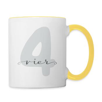 Vier Zahl mit Lettering 4. Geburtstag - Tasse zweifarbig - Weiß/Gelb - Rechts