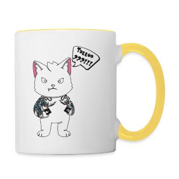 Tattoo Katze mit Tätowiermaschine - Tasse zweifarbig - Weiß/Gelb - Rechts