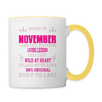 Né en novembre Légende vivante Unicorn Designs - Mug contrasté - blanc/jaune - Droite
