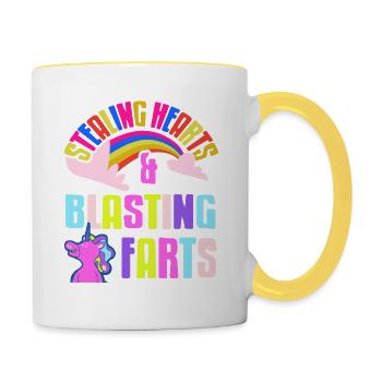 Stealing Hearts & Blasting Farts Funny Unicorn - Tasse zweifarbig - Weiß/Gelb - Rechts