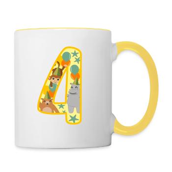 4th Birthday Gift Number four years of zoo animals - Contrasting Mug - white/yellow - Right