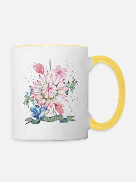 Protea-Aquarell, Protea-Illustration - Tasse zweifarbig - Weiß/Gelb