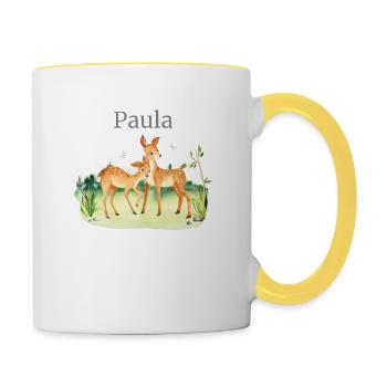 Fleurs de cerf d’animaux forestiers Nom Paula - Mug contrasté - blanc/jaune - Droite